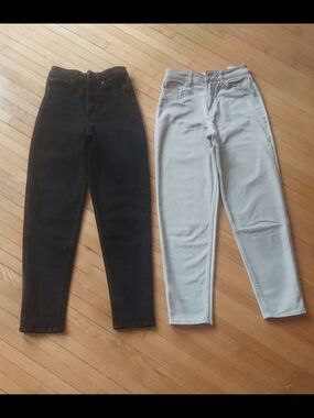 Two pairs of high-rise jeans - black Tapered & biege Straight, size 2